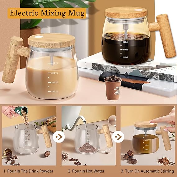 Self Stirring Coffee Mug, Glass Electric Self Mixing Cup with Lid & Handle(400 ml)